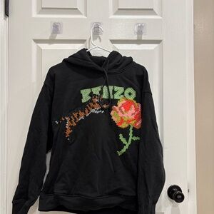 Kenzo Black Hoodie with Tuger and Floral Motif